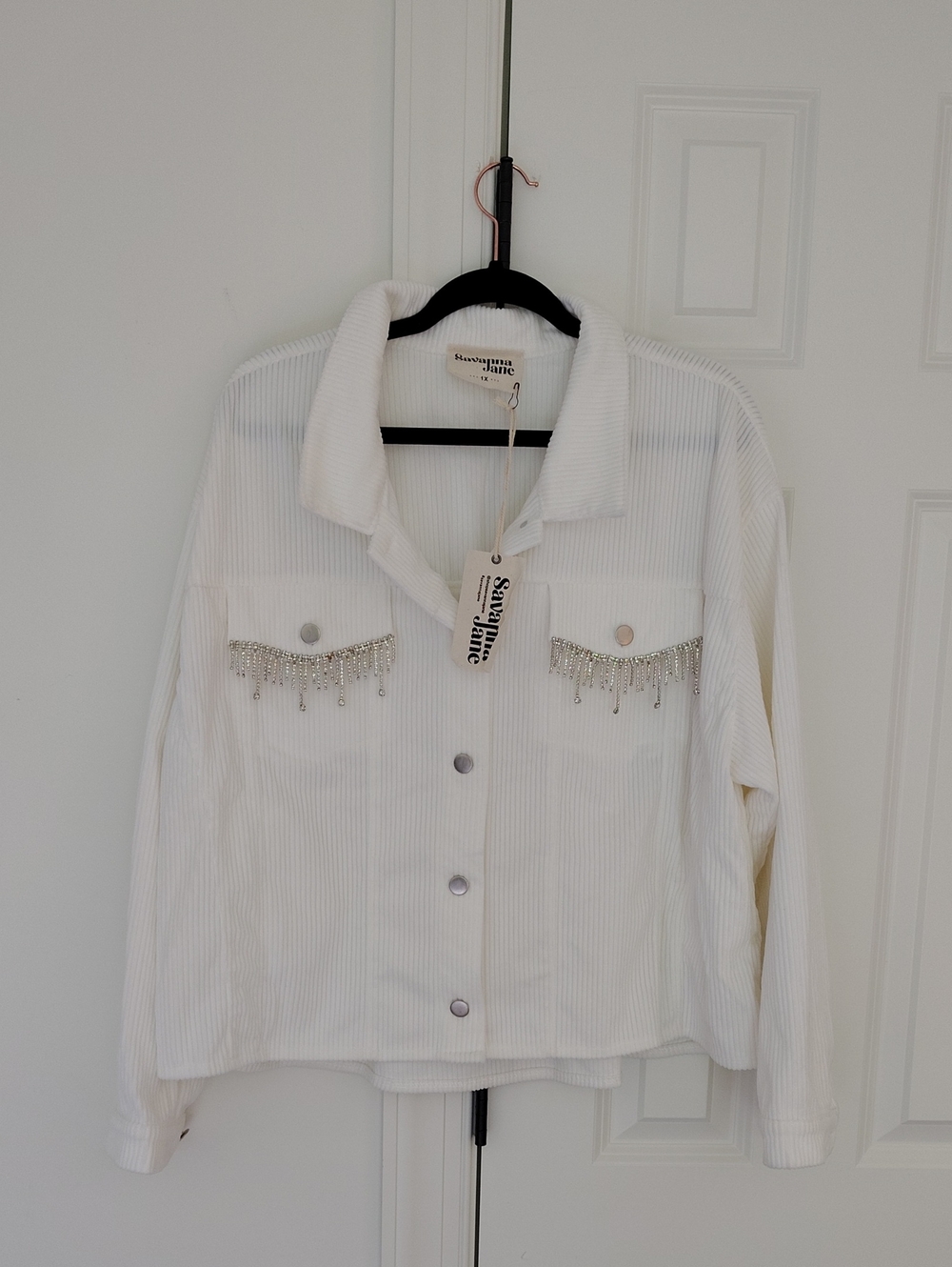 NWT Savannah Jane White Corduroy Jacket With Rhinestone Fringe 1X